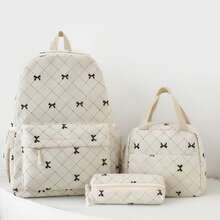 3Pcs Corduroy Bow Print Backpack Set, Large Capacity School Backpack With Lunch Bag And Pencil Case, Cute Preppy Bookbag For Teen Girls Back To School - White - View 3