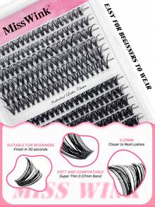 Miss Wink 30D+50D 自然款单根假睫毛，12-16mm 混合长度，12 排/240 片，防水，卷翘浓密，贴合眼部，持久 3D 效果，适合淡妆至浓妆，日常或特殊场合佩戴 - 黑色 - 查看 4