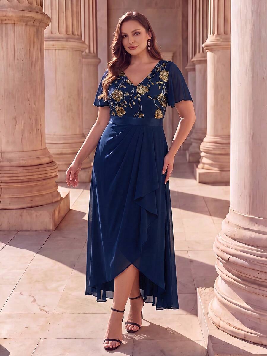 EVERPRETTY Gaun Pengantin Formal Ukuran Plus Musim Gugur Elegan Leher V Berhiaskan Payet Emas, Bahan Chiffon, dengan Hem Bergelombang Asimetris, Warna Biru Tua, Cocok untuk Ibu Pengantin. - Navy Blue - View 1