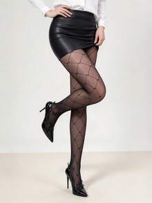 Rhombus Grid Bow Pattern Sheer Pantyhose, Women's Black Mesh See-Through Tights, Fashion Patterned Stockings, Suitable For Party And Daily Wear - Black - View 2