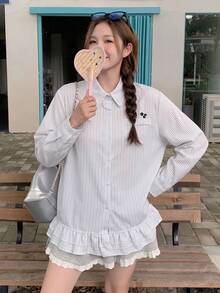 Korean Style Casual Vertical Striped Collared Long Sleeve Shirt With Small Embroidery Pocket, Waist-Cinching Ruffle Hem, Slimming Fit For Women, Autumn/Winter - White Stripes - View 5