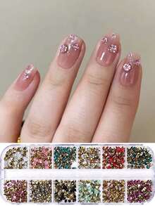 12 Grids Colorful Nail Art Rhinestones Christmas Color Pointed Bottom Round Beads Transparent Diamond Gems Decoration Fingernail Charms Jewelry Manicure Decoration - Multicolor - View 4