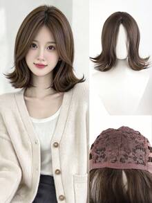 12Inch Sweet Style Cold Brown Synthetic Wigs Middle Part Short Natural Wavy Hair Wig For Women Daily Use Heat Resistant - Multicolor - View 1
