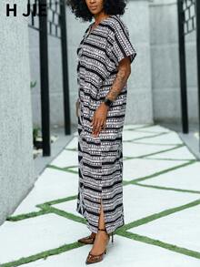 Plus Size African Print Kaftan Long Dress For Women Chic V-Neck Drop Shoulder Half Sleeve Flowy Maxi Dress For Resort - Black - View 3