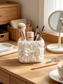 Girl Style Bow Knot Pleated Makeup Storage Bucket, Faux Satin Fabric Texture, Square Large Capacity, Can Store Makeup Tools, Also Serve As Desktop Pen Holder, Dual-Use Storage Container For Vanity And Desk - Multicolor - View 8