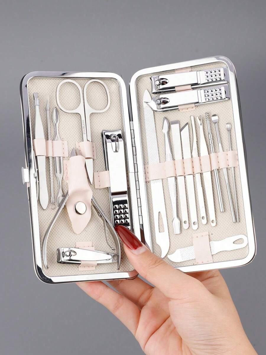 Set Gunting Kuku Stainless Steel dengan Kotak Penyimpanan, Termasuk Pisau Pedikur dan Alat Manikur, Satu Set Lengkap Gunting Kuku dan Alat Perawatan Kuku. - Krem - View 1