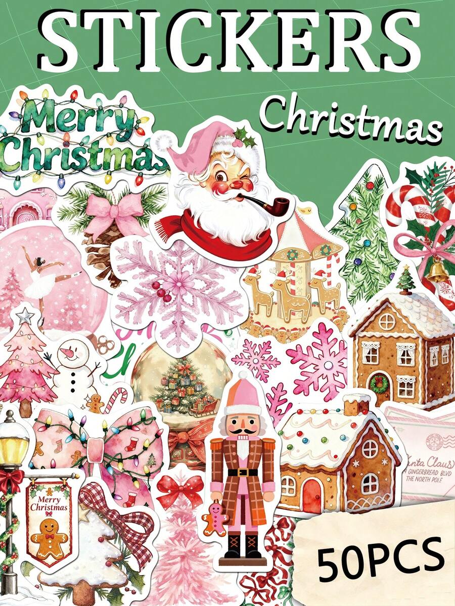 50pcs Pink Christmas Stickers Handbook Laptop Phone Case Luggage Guitar Decorative Stickers - one-size - View 1