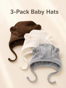 3 Packs Cute Bear Ear Baby Hats, Soft Double-Layer Knit Cotton Ear Protection Hats With Ties - Multicolor - View 11