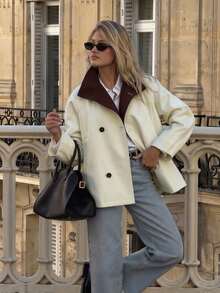 Contrast Color Lapel Double-Breasted Women's Loose Long Sleeve Solid Color Street Style Coat - Apricot - View 1