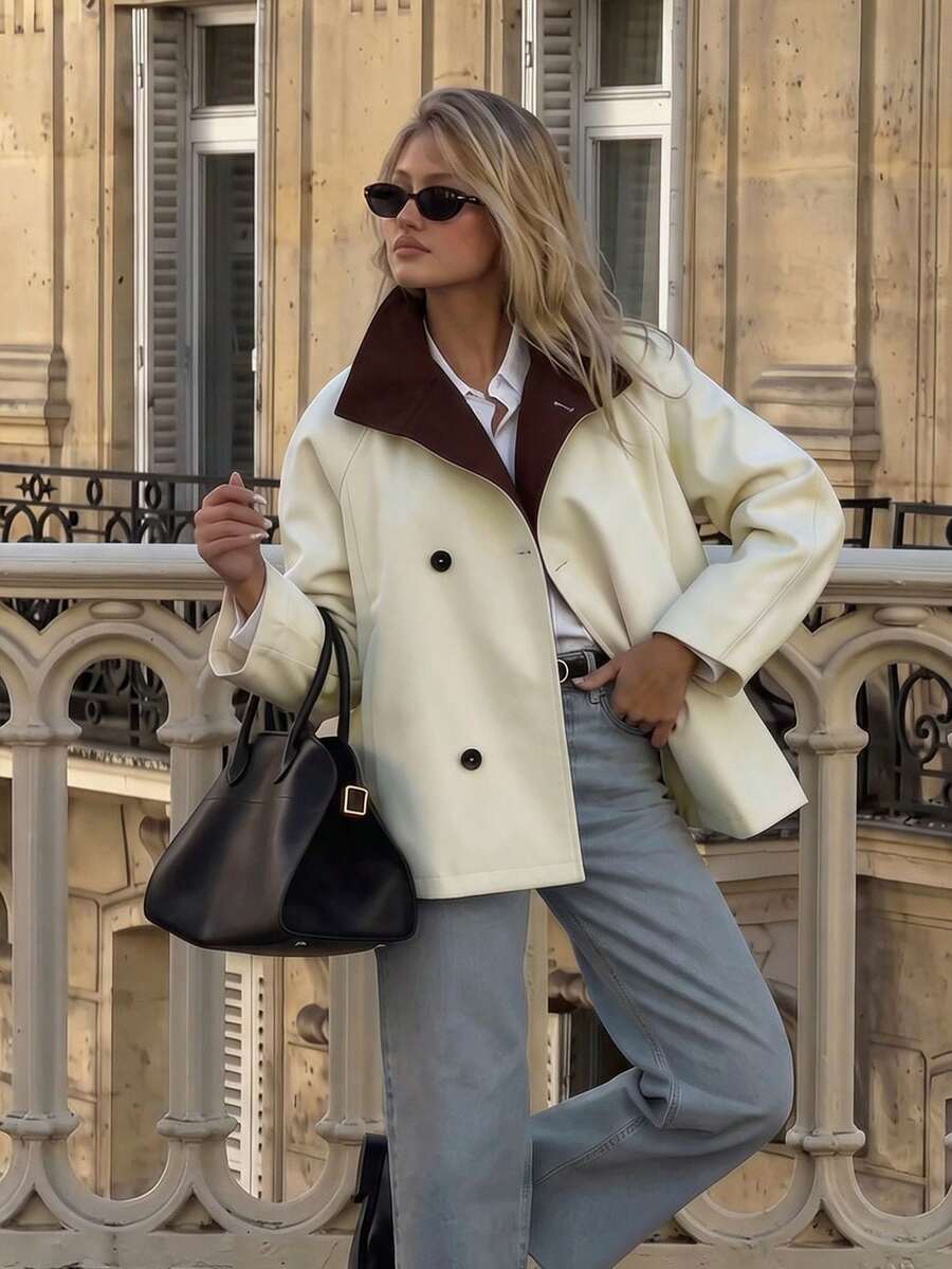 Contrast Color Lapel Double-Breasted Women's Loose Long Sleeve Solid Color Street Style Coat - Apricot - View 1