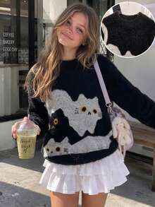 Sweater Rajut Pullover Bulu Imitasi Motif Kucing Lucu untuk Anak Perempuan, Cocok untuk Pakaian Kasual Sehari-hari di Musim Semi, Gugur, dan Dingin. - Hitam - View 2