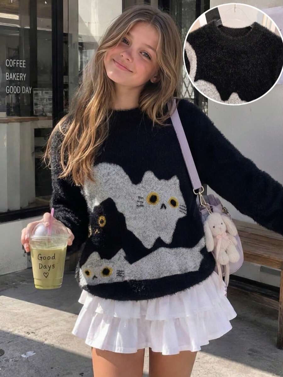 Girls Cute Cat Pattern Faux Mink Fur Knit Pullover Sweater Suitable For Daily Casual Spring Autumn Winter - Black - View 1