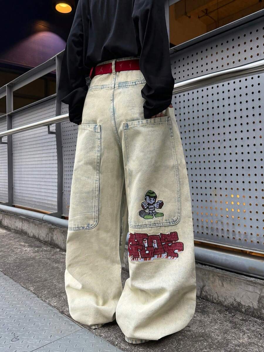 1pc Infinite Jeans American Streetwear Embroidered Big Pocket Loose Fit Relaxed Straight Leg Jeans, Casual Comfortable Fashion Trousers For Men (Belt And Accessories Not Included) - Yellow - View 1
