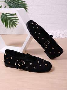 Vintage Rivet Bow Flat Ballet Shoes For Women Round Toe Low Vamp Suede Soft Surface Versatile Commute Shoes - Black - View 7