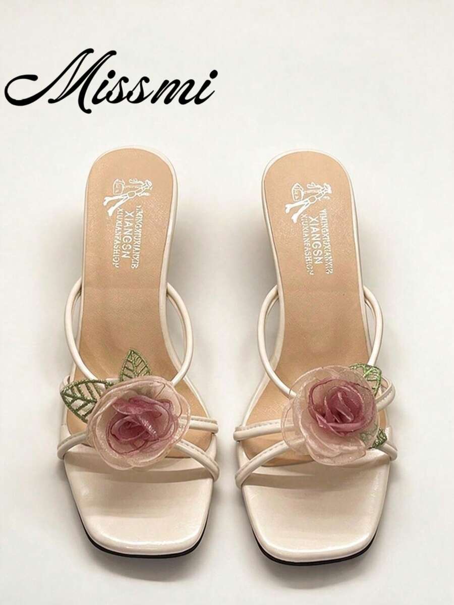 Women's 3D Flower Heavy Duty Macaron Colored High Heeled Sandals, Random Dual-Colored Flower Pairing Valentines,Spring Summer Outfits - White - View 1