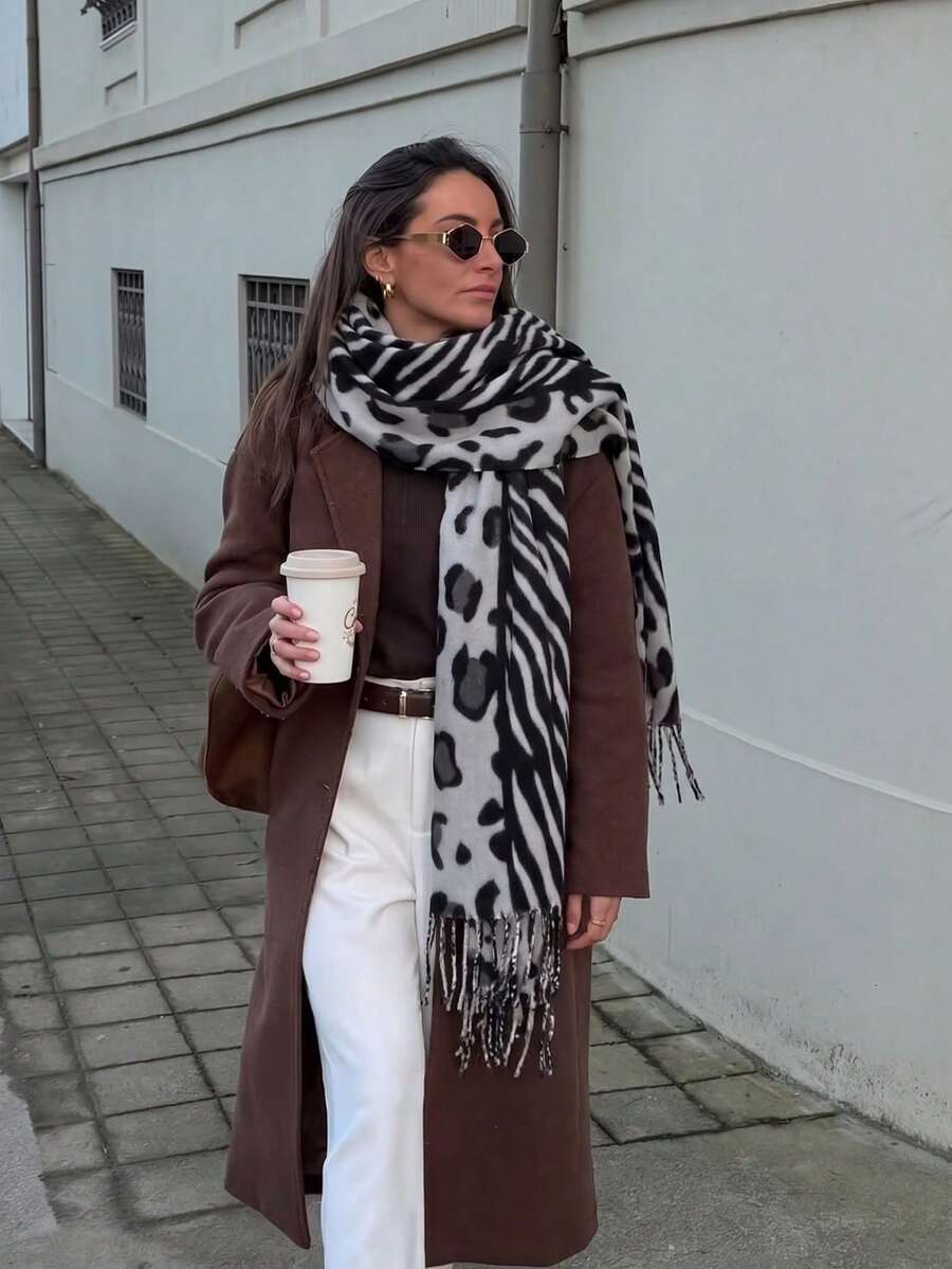 1PC Women Black White Zebra Leopard Print Scarf Tassel Shawl,Double Sided Printing Scarf,Suitable For Pairing With A Black Jacket For Photography - Black and Gray - View 1