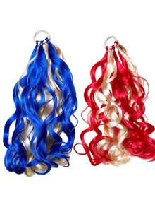 Red Blue Blonde Mixed Curly Pigtail Wig For Women, Long Wavy Synthetic Cosplay Wig For Costume Party - Blue Red - View 2