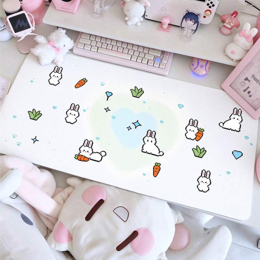 PU Leather Desk Mat, Cute Pixel White Rabbit Carrot Large Mouse Pad ...