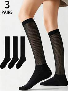 3 Pairs Solid Color Casual Versatile Spring/Autumn Women's Slouch Socks Knee-High Mid-Calf Long Socks All-Match JK Uniform Style - Black - View 1