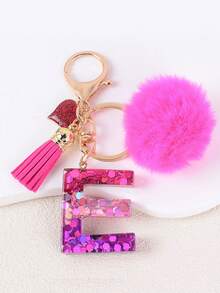 1pc Letter Keychain With Heart Pendant, Cute Rose Red Pom Pom Tassel Key Chain Decoration - Multicolor - View 37