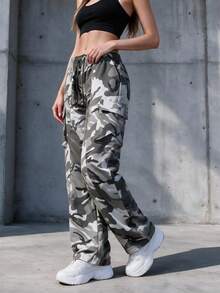 Women's Outdoor Workwear Long Pants, Loose Straight Leg Camouflage Trousers, Autumn - White - View 5