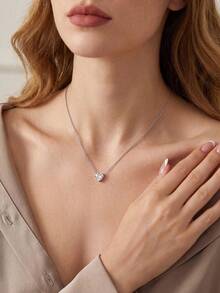 1pc Cubic Zirconia White Heart Pendant Necklace, Elegant Women's Jewelry Gift - Silver - View 4
