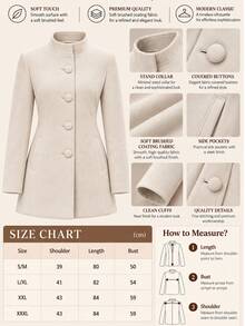 Women's Stand Collar Button Front Long Sleeve Pocketed Lined Classic Wool Blend Coat Jacket - Beige - View 5
