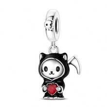 1pc Silver Plated Gothic Scythe Grim Reaper Holding Heart Cat Pendant Bead, Suitable For Bracelet Necklace Beads, DIY Jewelry Making, Unique Design Gift For Family And Friends - Silver - View 6