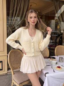Women's Cute V-Neck Cable Knit Heart-Shaped Button Cardigan, With Pockets, Long Sleeve Short Length Polyester Knit Sweater, Suitable For Autumn/Winter - Apricot - View 3