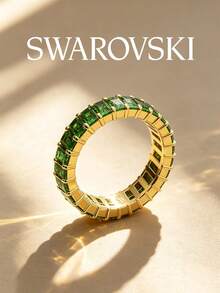 SWAROVSKI 綠色長方形水晶全圈戒指，可疊戴女款珠寶，送給女友的生日禮物 - 金色+綠色 - 查看 6