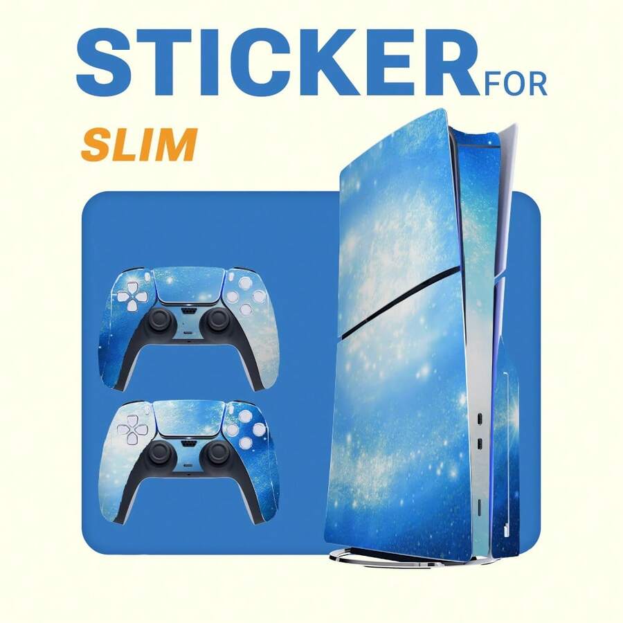 Blue Galaxy Starry Sky Pattern Vinyl Skin Sticker Set Compatible With PS5 Slim Console And Controller, Waterproof, Scratch-Resistant, Removable With No Residue - View 1