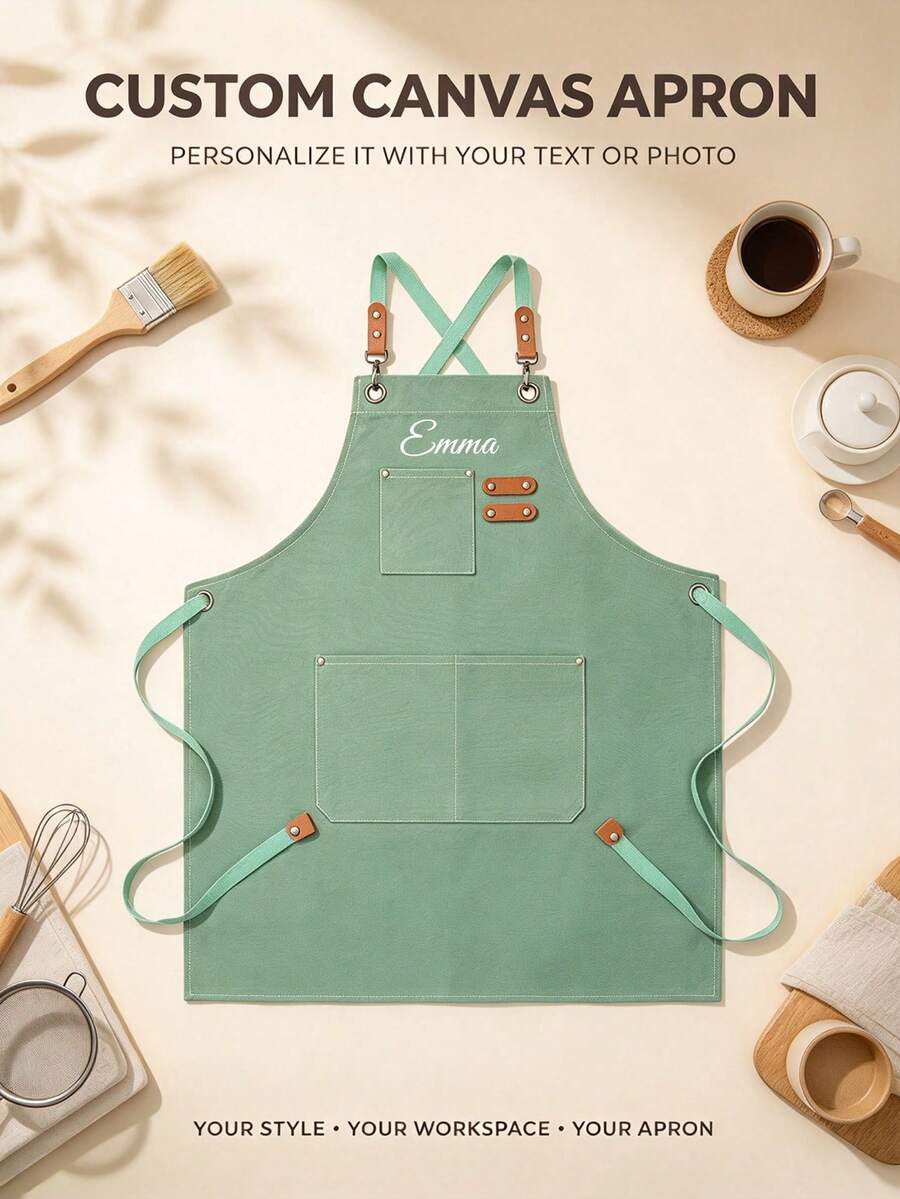 Customized Canvas Apron With Pockets, Personalized Text And Photo Apron, Unisex Work Apron, Suitable For Hair Salon, Nail Artist, Barista, Baker, Gardener, Makeup Artist, Adjustable Pink Apron, Unisex Customized Cooking Apron - Multicolor - View 1