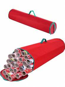 1pc Oxford Cloth Christmas Gift Packaging Storage Bag, Red Wrapping Paper Storage Bag With Green Handle, Easy-To-Carry Cylindrical Container - Multicolor - View 1