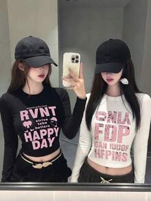 2pcs Women's Round Neck Long Sleeve T-Shirts, Y2K Generation Spring/Autumn New Style, English Print Design Fashion Casual Versatile Slim Fit Top - Black and White - View 2
