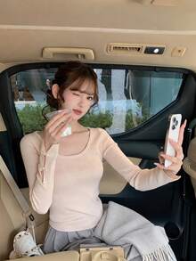 Women's Versatile Chic Fall Winter Solid Square Neck Slim Fit Top, Bow Cutout Design Long Sleeve Base Layer For Dating, Travel, Daily - Apricot - View 3
