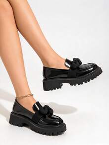Women's Comfortable Round Toe Slip-On Loafers With Bow Decor And Chunky Heel, Suitable For Office Work And Casual Wear - Black - View 3