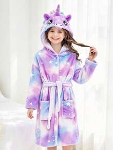 Tween Girl Purple Starry Sky Unicorn Long Sleeve Hooded Pajamas Bathrobe - Multicolor - View 8