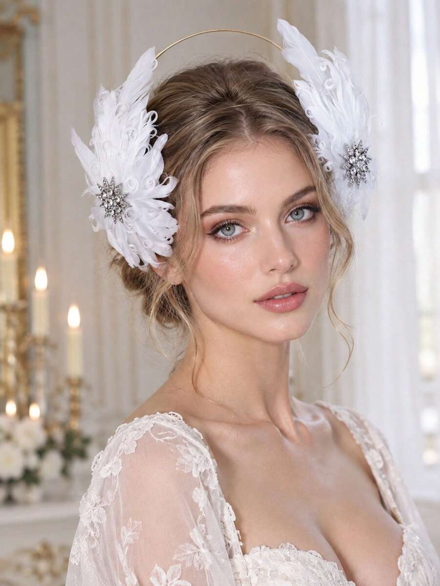 White Feather Double Gold Halo Headband, Sparkling Rhinestone Star Bridal Hair Accessory, Elegant Wedding Headband For Women, Suitable For Party, Ball, Pageant - White - View 1