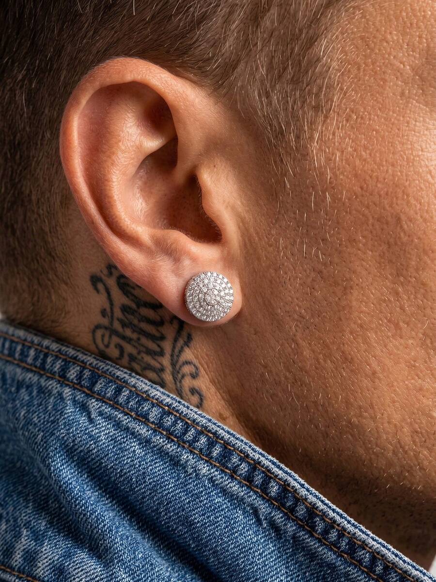 2pcs Copper Cubic Zirconia Round Stud Earrings, Elegant Design For Men's Daily Wear