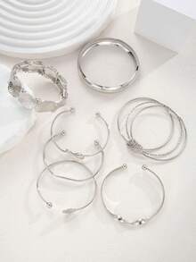 7/1pc Vintage Knotted Fashion Geometric Personalized Women's Round Metal Bangle Bracelet Set, Suitable For Daily Wear, Dating, Vacation, Holiday, Layering, Gift For Girlfriend And Mother - Silver - View 6