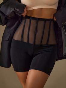 Mesh Breathable High Waist Fishbone Shaping Shorts Butt Lift - Black - View 5