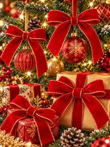 Christmas DIY Decoration Ribbon With Flocked Trim 2 Yards, Gold Edge Red Flocked Ribbon, Christmas Tree Wreath Decoration, Bow Christmas Tree, Gift Wrapping DIY Material Flocked Flocked Ribbon, Christmas Decoration Ribbon (No Paper Spool) - Gold-trimmed Red - View 4