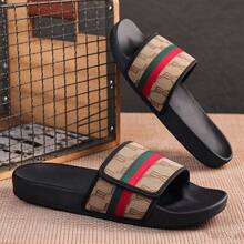 Men's Adjustable Strap Floral Print One-Strap Slide Sandals, Colorblock Striped Open Toe Slip-On Sandals, Thick Sole Non-Slip Summer Casual Beach Roman Slippers - Brown - View 3