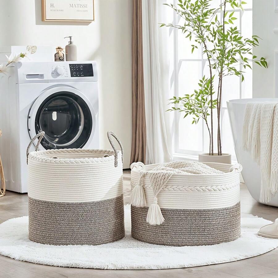 1pc Household Storage Basket For Clothes And Toys – Large Woven Basket For Laundry, Blankets, Pillows, And Toys; Suitable For Kitchen, Living Room, And Laundry Room – Portable, Foldable Rope Basket (White/Grey) - White/Brown - View 1