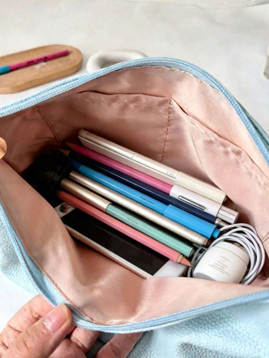 Mint Blue Large/Small PU Makeup Bag Pencil Case Litchi Grain Soft Stationery Cosmetic Storage Bag With Handle - Pu - View 1