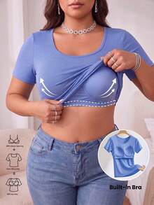 Plus Size Women's T-Shirt With Built-In Bra Short Sleeve Crew Neck Workout Top For Yoga & Gym - Blue - View 1