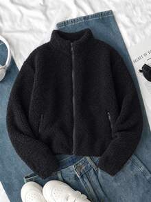 Girls' & Teens' Fashion Casual Versatile Autumn/Winter All-Match Lamb Fleece Jacket - Black - View 1