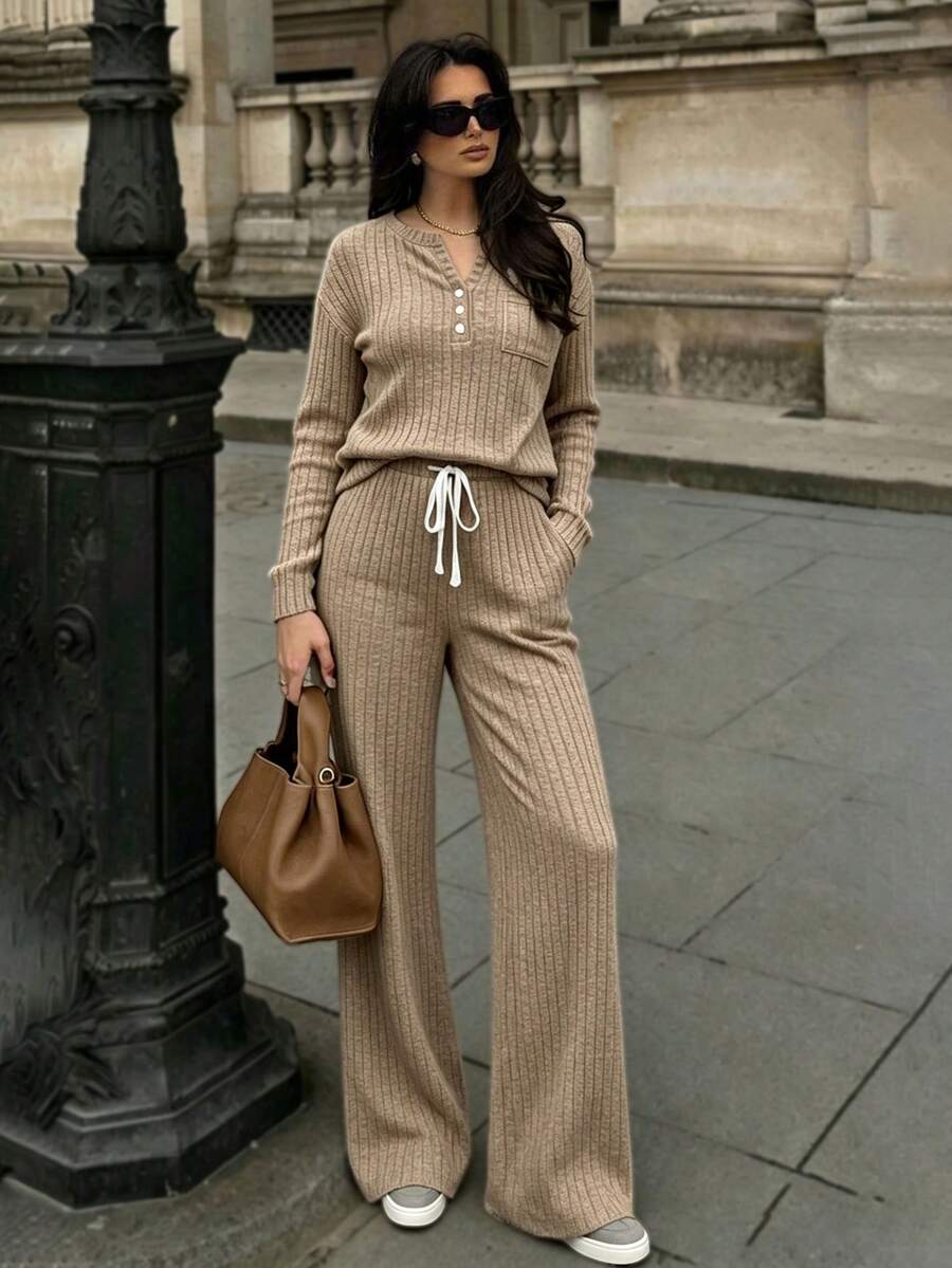 Women's Comfortable Ribbed Loungewear 2 Pieces Set, Henley Collar Button Long Sleeve Top With Drawstring High Waist Wide Leg Pants - Khaki - View 1