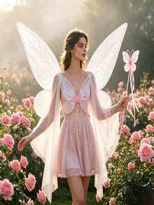 Shimmering Fairy Butterfly Wings Costume Set, Transparent Organza Elf Wings With Butterfly Magic Wand, Suitable For Halloween Cosplay, Birthday Party Dress-Up And Photography Props - Multicolor - View 4