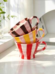 1pc Hand Painted Striped Ceramic Mug, Wavy Rim Large Capacity Coffee Cup, Cute Colorful Breakfast Mug For Milk Oatmeal, Home Kitchen Drinkware - Multicolor - View 12